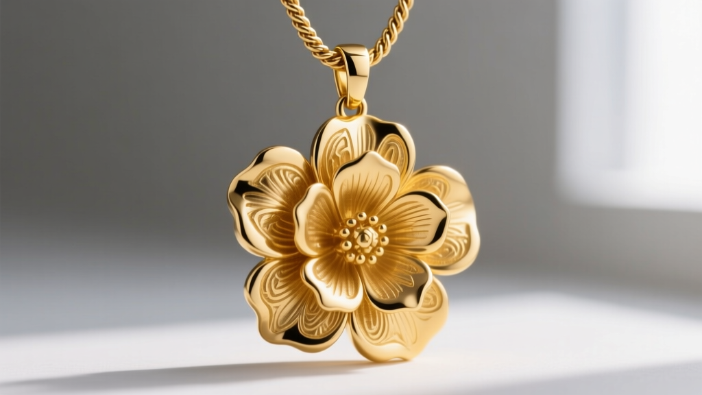 Close-up of a heavy 14k yellow gold chunky flower necklace pendant showing cast petal textures and a sturdy 3mm rope chain