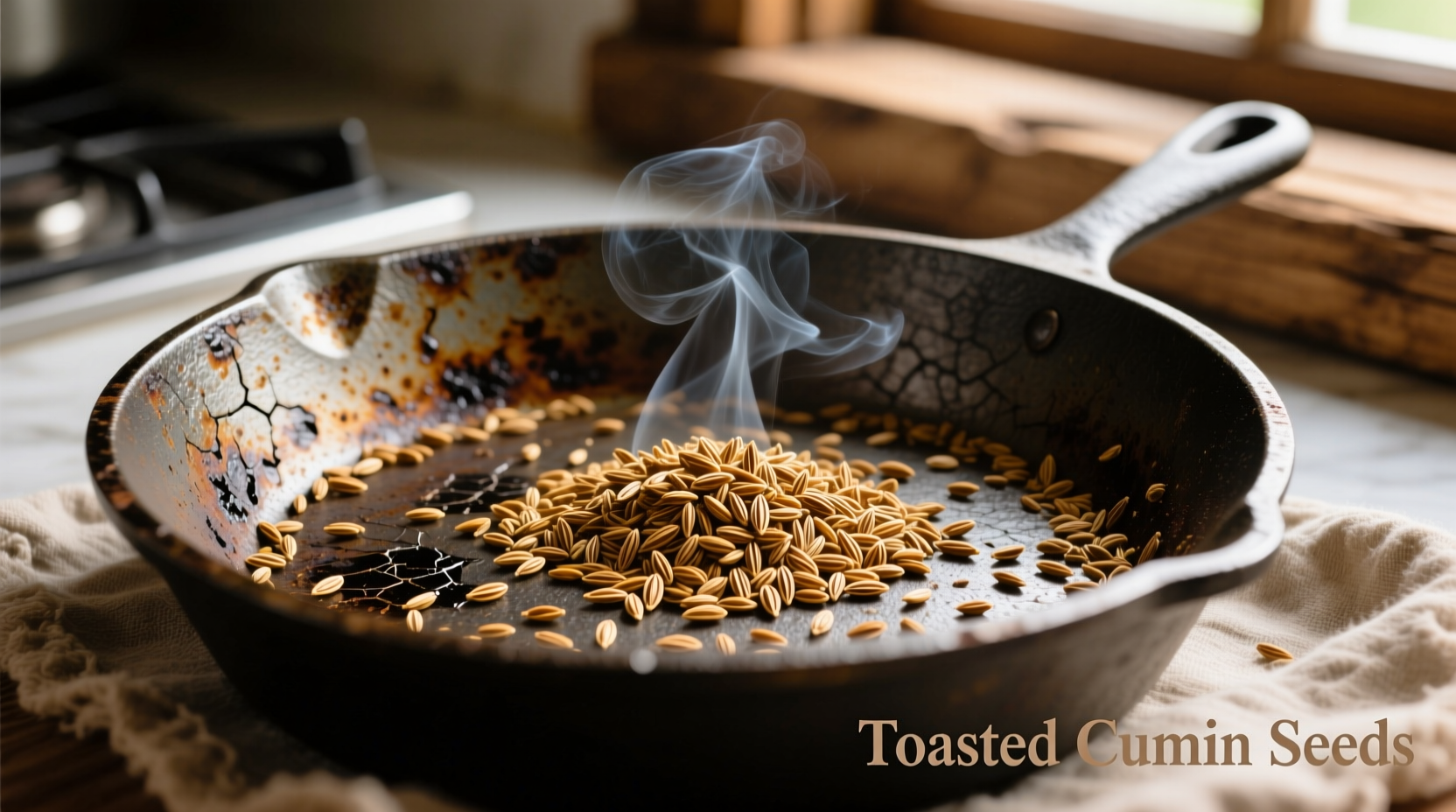 Toasted cumin seeds in cast iron skillet