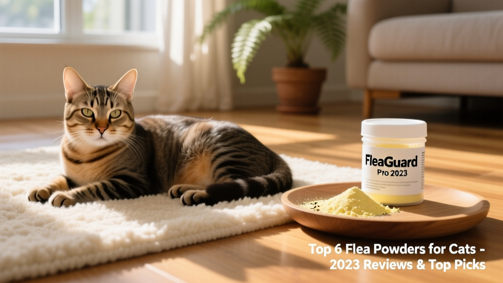 Side-by-side image showing a clean, dry cat lying comfortably on a soft rug, with a small pile of pale yellow flea powder nearby in its original resealable container