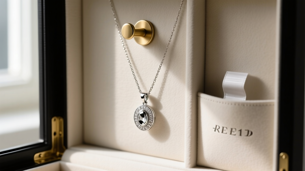 Inside the Jewelry Box RE1, a silver necklace hangs on a built-in hook beside an anti-tarnish strip in a side pocket.