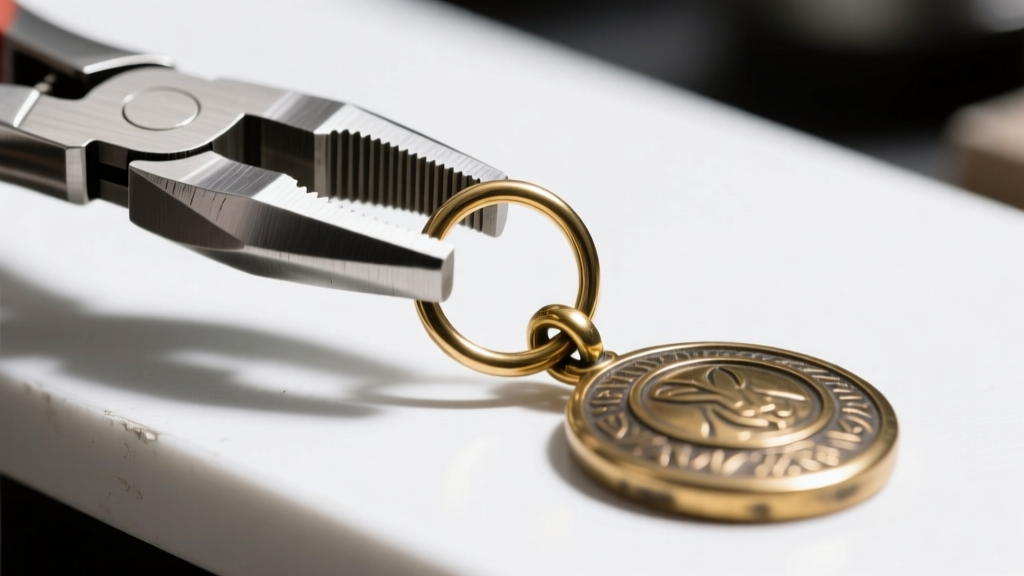 Macro shot of jewelry pliers bending a 2mm stainless steel jump ring to attach a heavy brass pendant, bright workbench lighting.