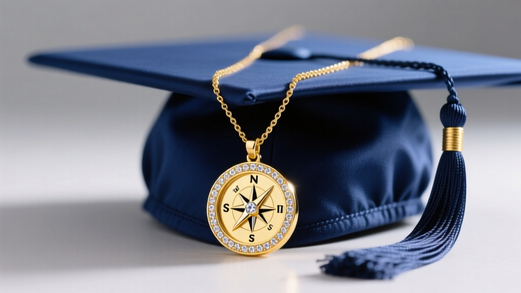 Elegant 14k yellow gold graduation necklace with a diamond-encrusted compass pendant resting on a navy blue graduation cap