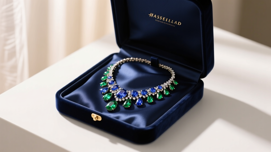 Open velvet box showing a parti sapphire blue and green necklace on navy silk fabric under soft, warm directional lighting