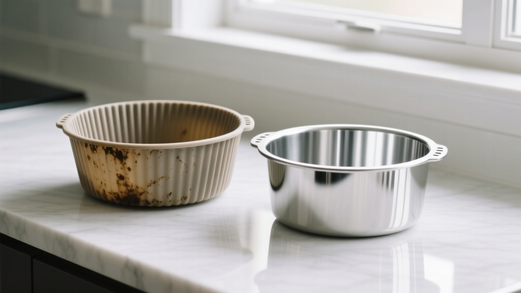 Discolored cheap silicone air fryer liner next to a pristine platinum-cured liner on a white quartz countertop