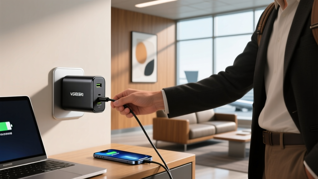 Traveler plugging a UGREEN Nexode Pro 160W GaN charger into an airport lounge wall outlet to charge a laptop and smartphone