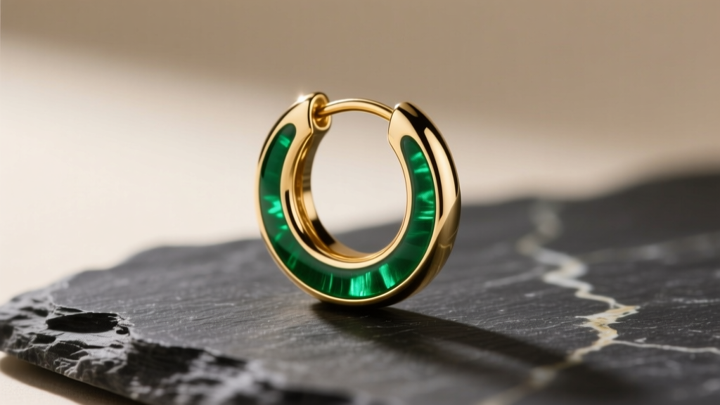 Macro shot of a gold vermeil huggie earring with emerald green enamel, resting on dark slate under soft directional lighting.