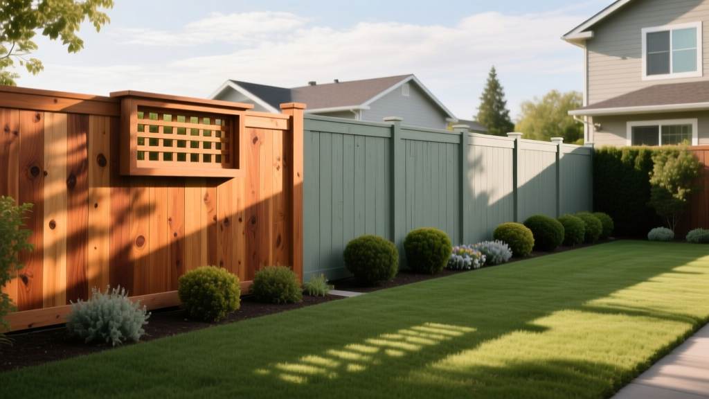 Western red cedar shadowbox fence next to a pressure-treated pine solid privacy fence in a manicured suburban backyard