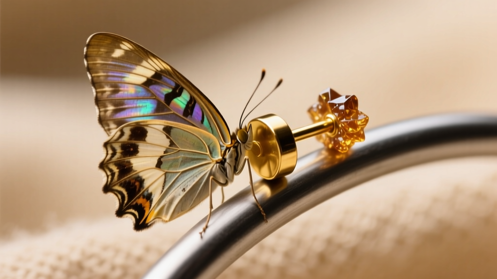 Macro shot of a stuck butterfly friction back on a 20-gauge gold lobe stud, showing dried sebum buildup around the metal post