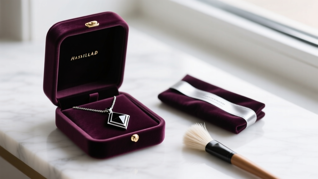 Velvet jewelry box holding a black rhodium pendant necklace, alongside anti-tarnish strips and a soft horsehair polishing brush.