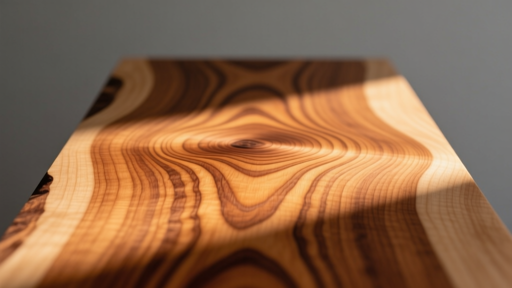 Macro shot of polished Northern Elm wood grain showing deep interlocking patterns, illuminated by warm directional side lighting.