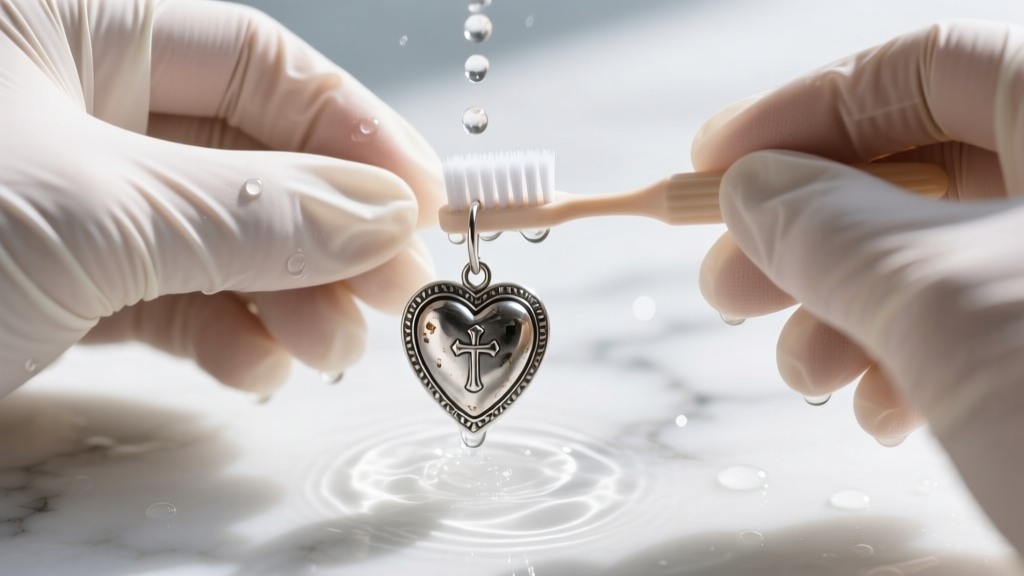 Hands in nitrile gloves gently brushing a tarnished sterling silver sacred heart earring with a soft baby toothbrush and soapy water.