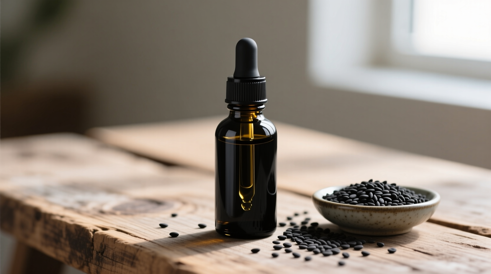 Black seed oil dropper on wooden table with seeds