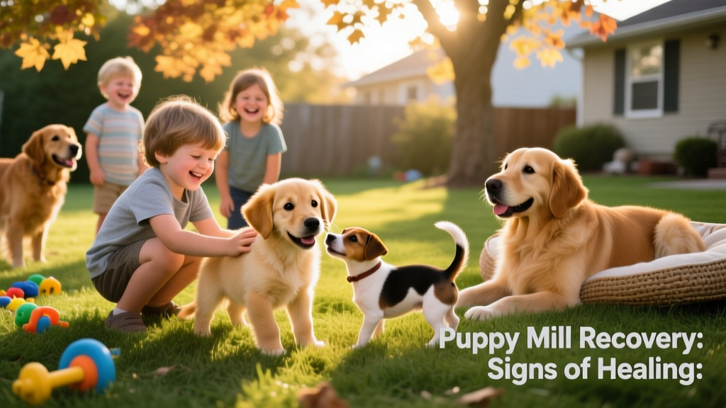 A happy, well-socialized puppy playing gently with children and other dogs in a sunlit backyard