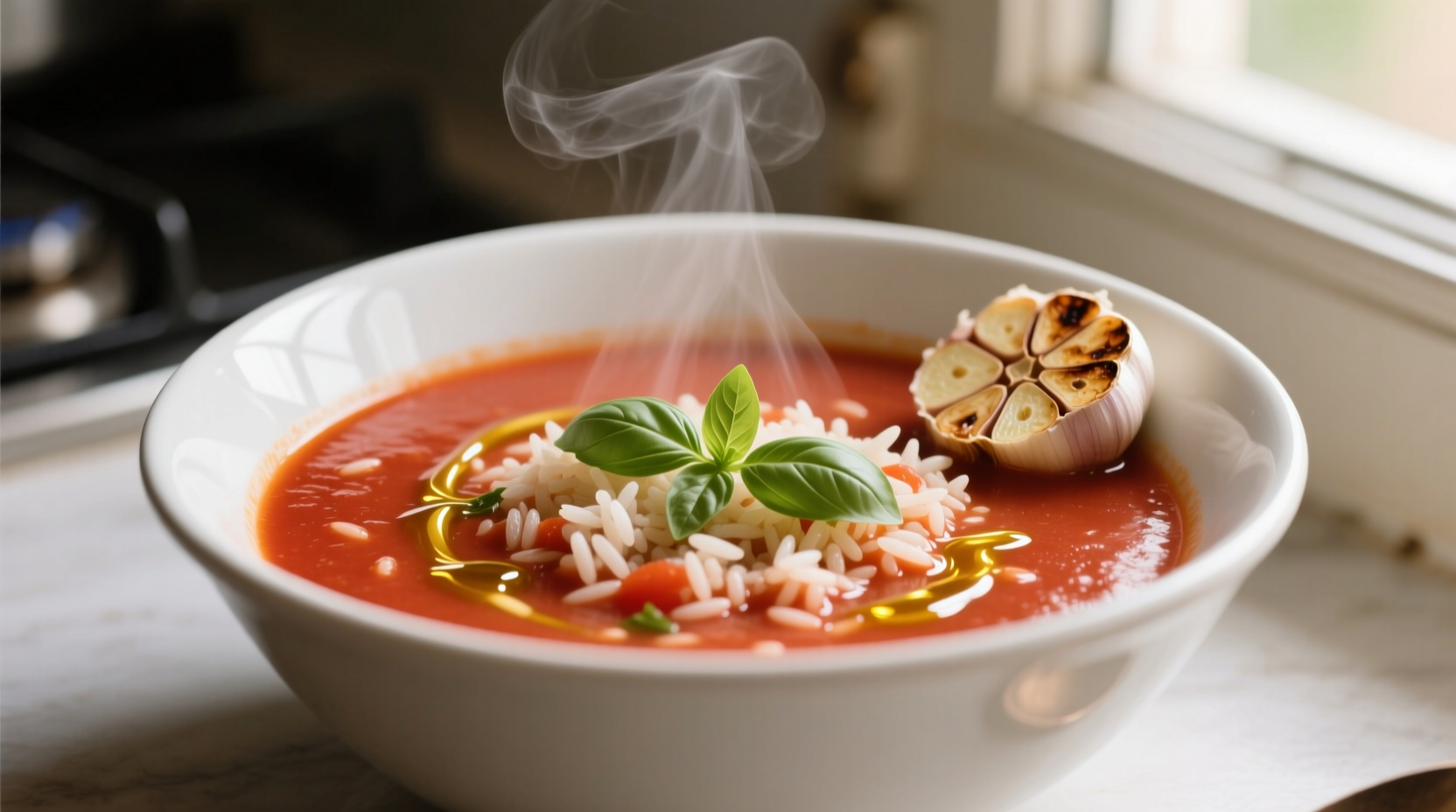 Classic tomato rice soup in white bowl