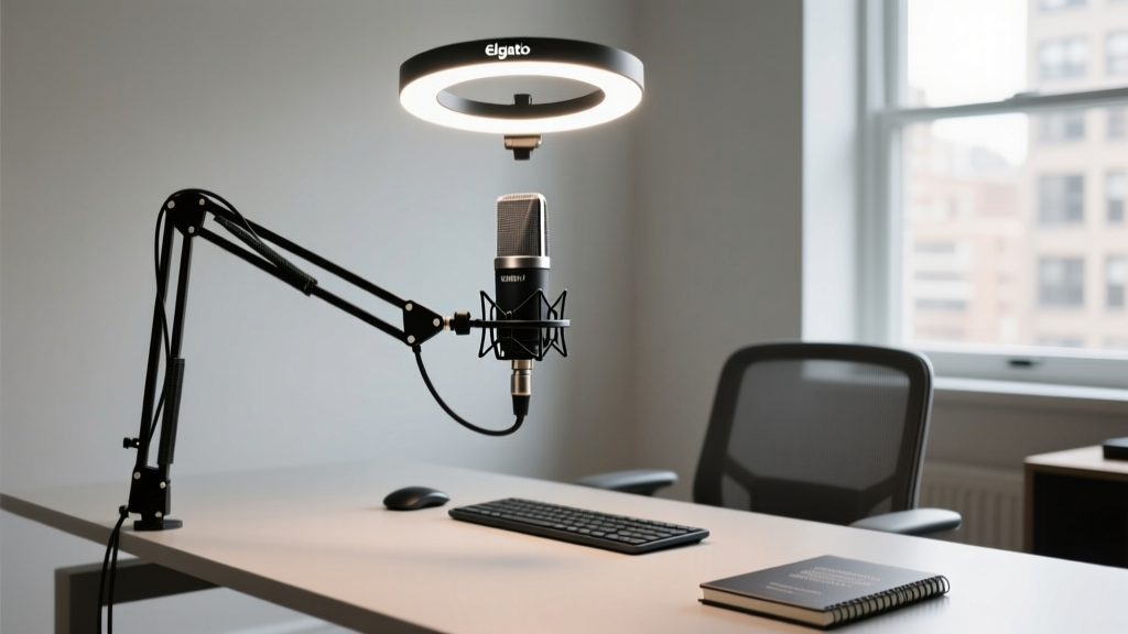 A professional home office desk featuring the Shure MV7+ microphone on a boom arm and an Elgato Key Light Air illuminating the workspace.