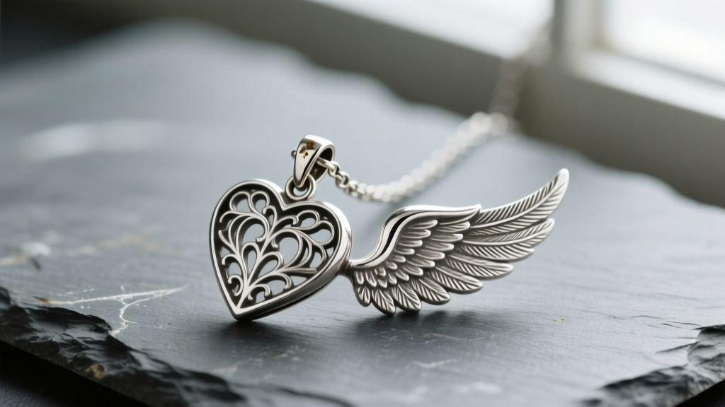 Sterling silver heart and angel wing necklace on slate, showing detailed feathers and slightly opened, worn jump ring connection.