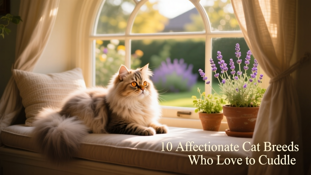 A fluffy Persian cat resting peacefully on a cushioned window seat, gazing softly outward