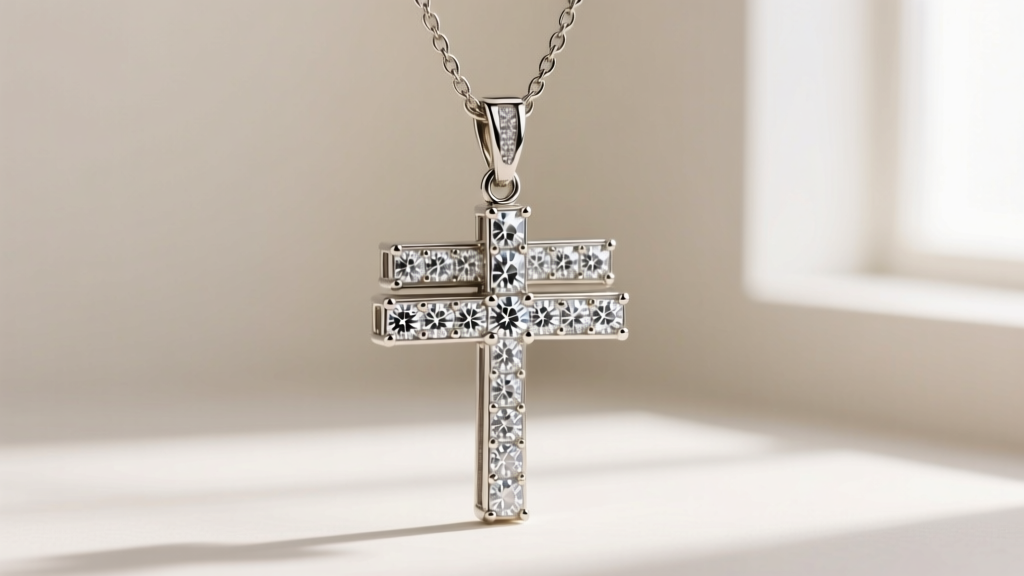 Side profile of overlapping cross pendants with prong-set cubic zirconia, demonstrating weight distribution and bail construction