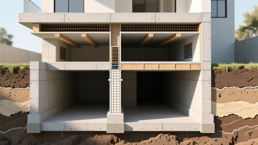 Architectural cross-section showing concrete slab, crawl space, and basement foundation types with soil layers and cost callouts