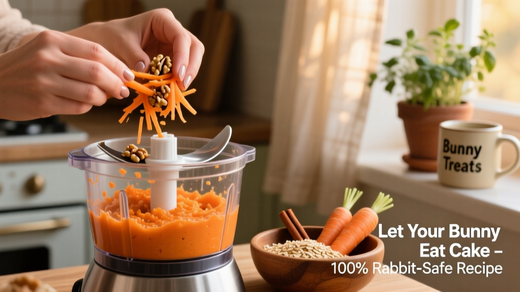 Close-up of hands assembling the carrot cake mixture in a food processor