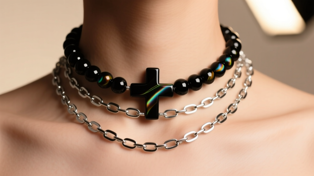 Neck shot of 16-inch micro onyx cross bead necklace layered with an 18-inch silver paperclip chain under soft warm studio light.