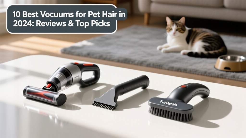 Side-by-side comparison of FurPetVo vacuum attachments: motorized pet tool, crevice nozzle, and upholstery brush laid on a clean white surface