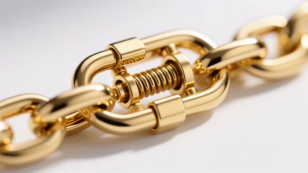 Macro shot of a 14k yellow gold Cuban link chain clasp, highlighting the internal spring mechanism and laser-welded jump rings