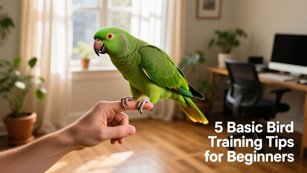 A calm parrot stepping confidently onto a human finger during a training session