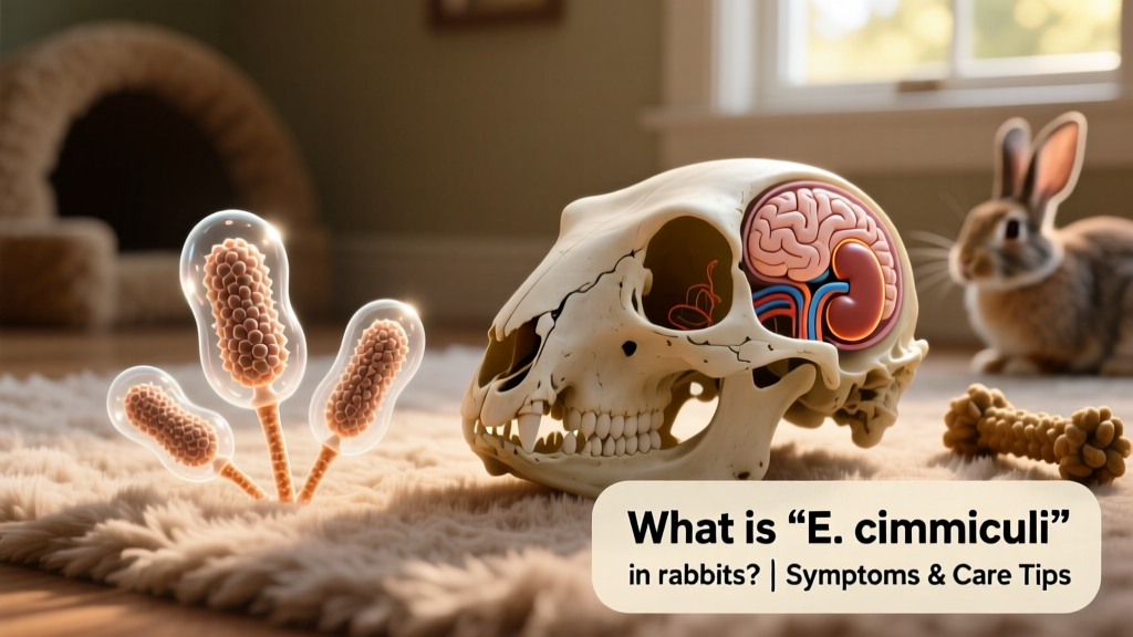 Microscopic illustration of E. cuniculi spores next to a rabbit skull highlighting brain and kidney areas