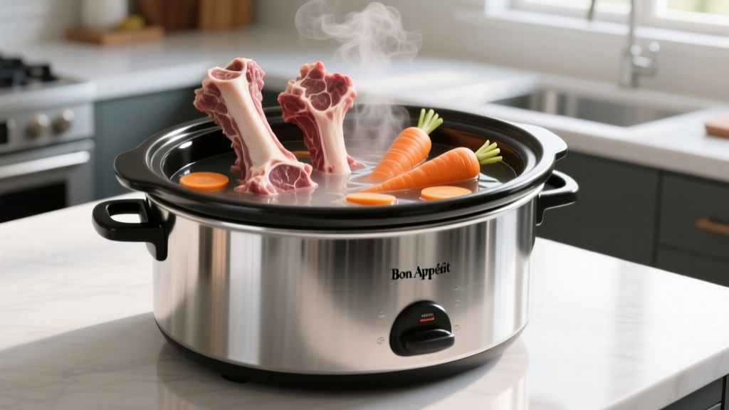 A large stainless steel slow cooker filled with raw beef marrow bones, carrots, and water for homemade dog bone broth.