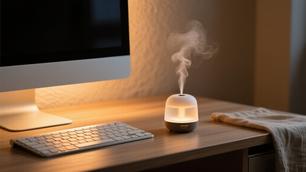 A cozy evening workspace scene showing a soft warm monitor light bar illuminating a keyboard next to a small ultrasonic mist aroma diffuser.