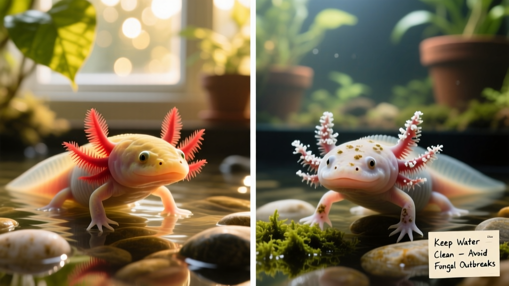 Side-by-side comparison showing healthy axolotl gills versus early-stage fungal growth on gills