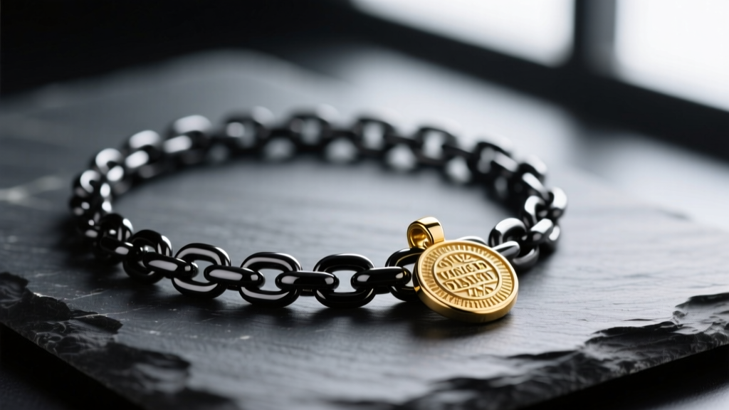 Macro shot of a mixed-metal necklace with a PVD-coated black titanium chain and a brushed gold pendant resting on dark slate