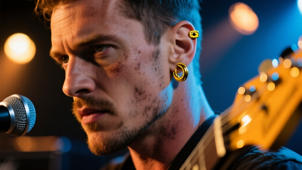 Close-up of a rugged male guitarist ear wearing a 14k yellow gold seamless sleeper hoop, stage lighting highlighting metal