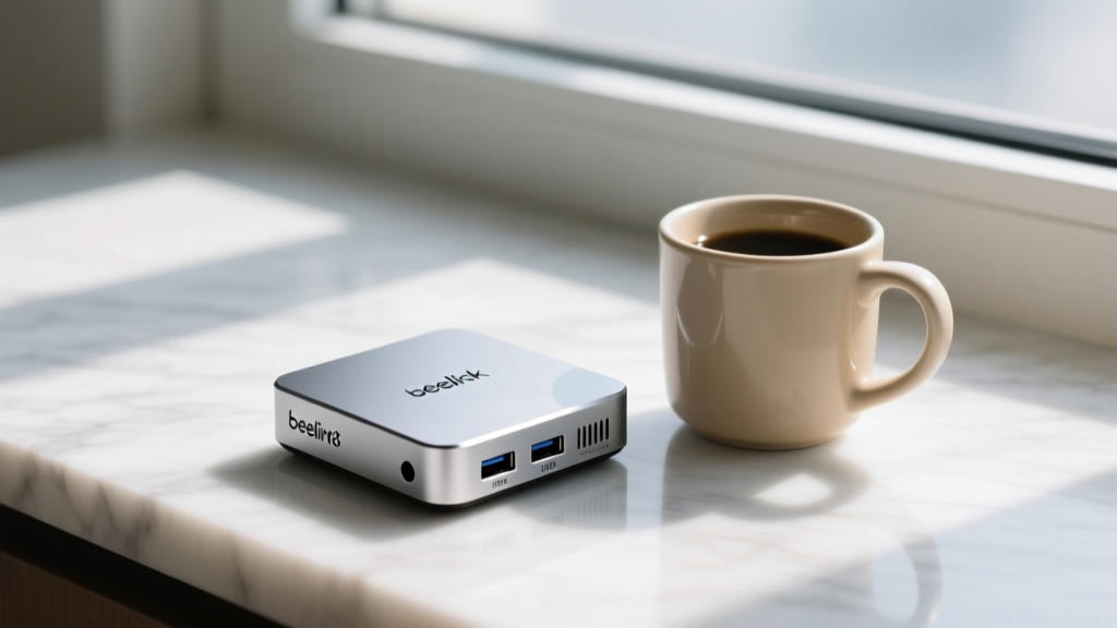 The Beelink SER8 aluminum mini PC sitting next to a standard coffee mug to demonstrate its ultra-compact 128x128x44mm physical footprint.