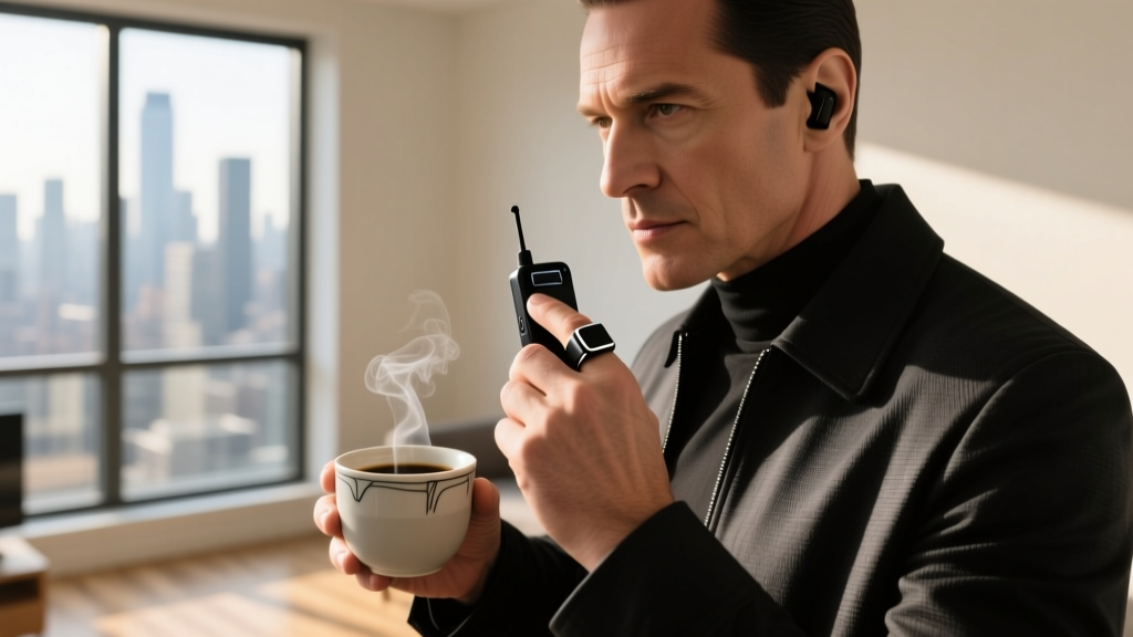 Covert operative adjusting a matte-black audio-recording smart ring on their index finger while holding a ceramic coffee cup.