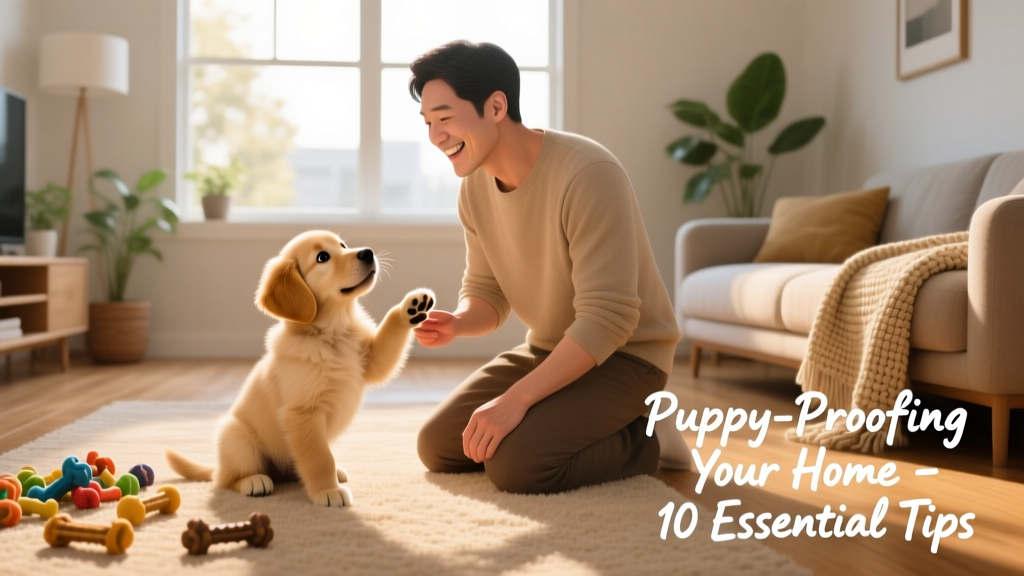 A joyful new pet parent kneeling beside a curious, fluffy 8-week-old puppy in a sunlit living room