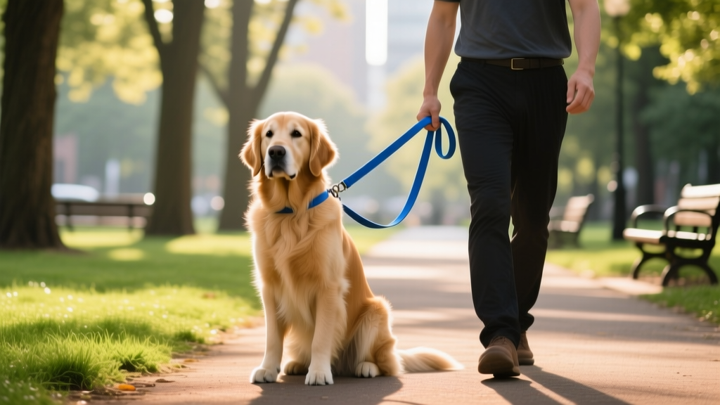 Dog sitting calmly on a 6-foot nylon leash next to its owner in a park, demonstrating proper loose leash walking posture.