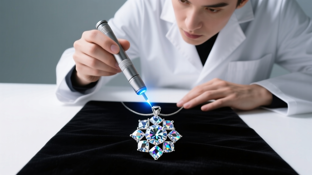 A jeweler using a diamond tester on a silver rap clock pendant paved with crushed iced moissanite stones on a dark velvet mat
