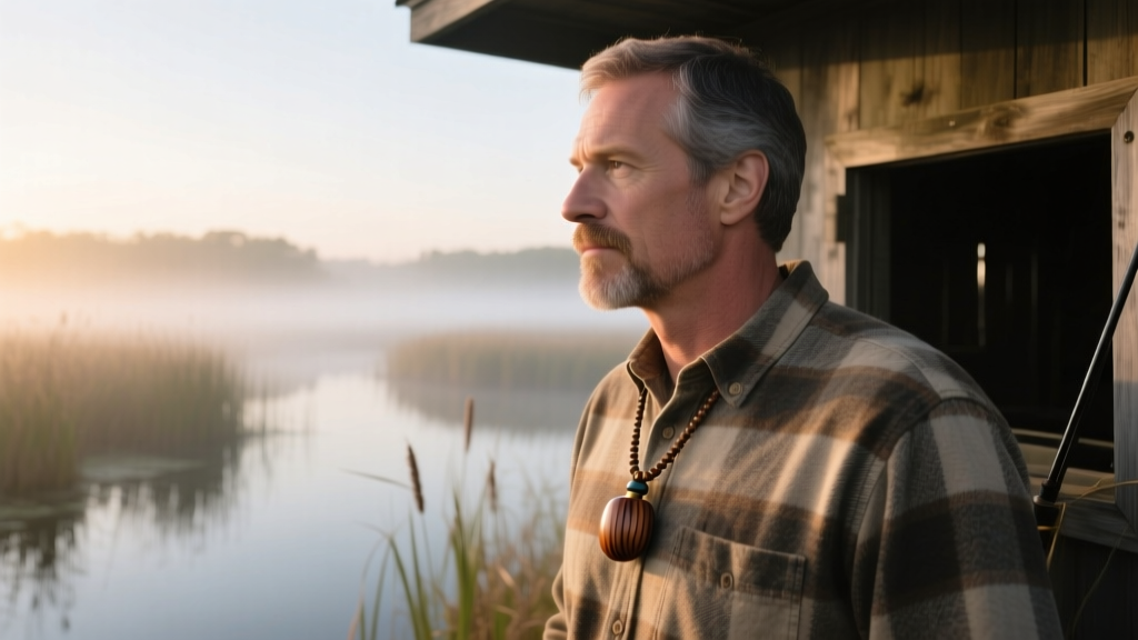 Hunter wearing a custom turned walnut mini duck call necklace over a flannel shirt, standing in a misty morning duck blind scene