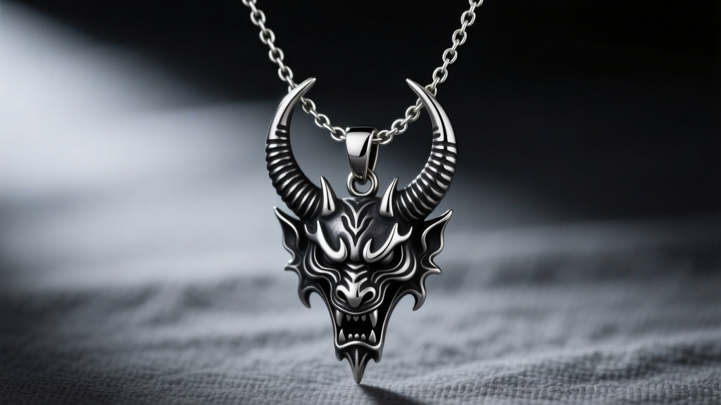 Close-up of a dark oxidized 925 sterling silver akuma necklace with a horned demon pendant on a 2.5mm rolo chain, moody lighting.