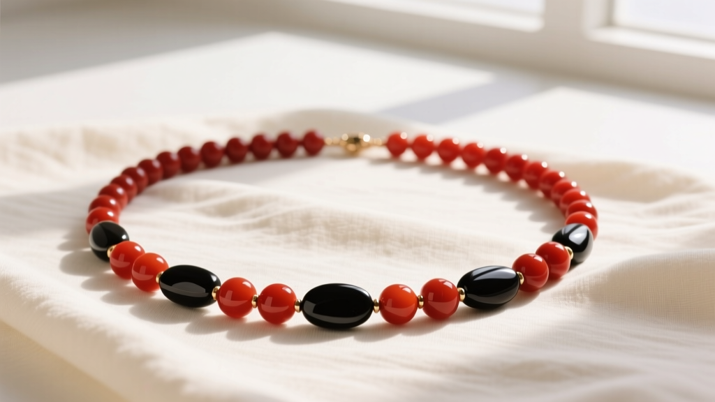 Flat lay of a vibrant red carnelian and matte black onyx beaded necklace resting on cream linen fabric with soft natural lighting