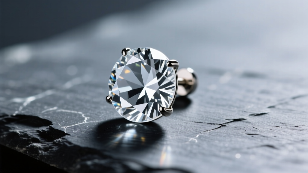 Macro shot of a flawless faceted clear quartz stud earring on dark slate, highlighting glass-like clarity and light refraction.
