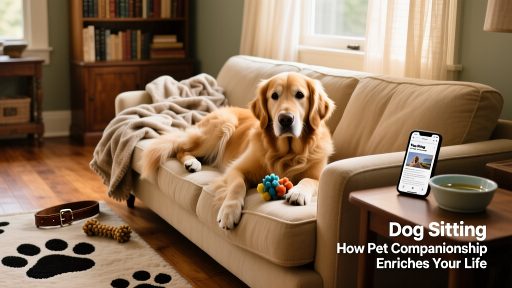 A relaxed dog resting on a cozy sofa in their own living room, surrounded by familiar toys and furniture