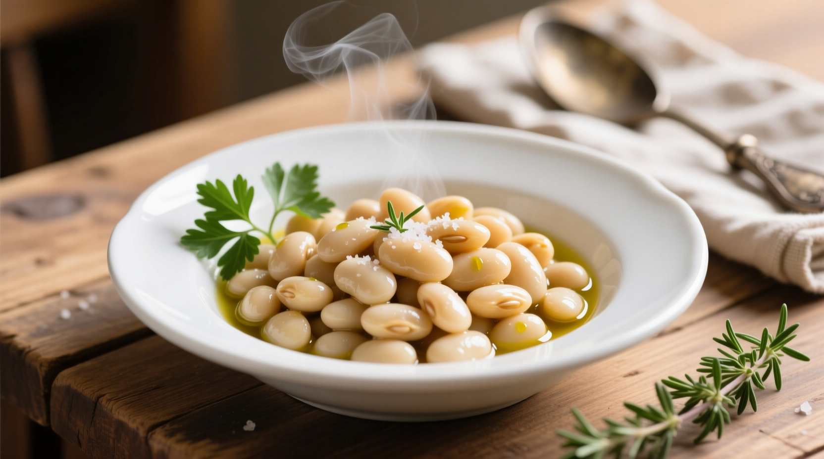 Perfectly cooked butter beans in a white bowl