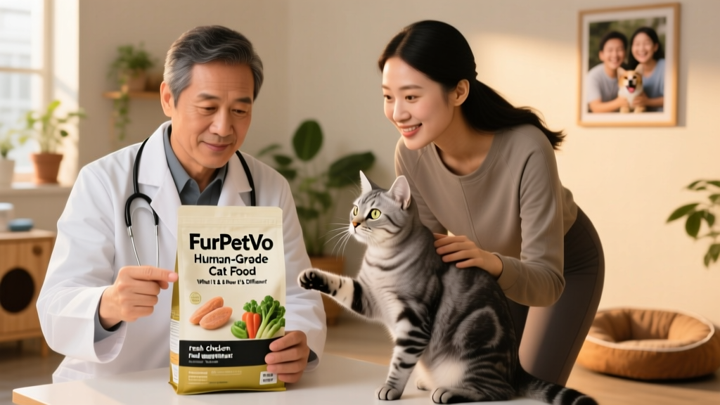 A veterinarian reviewing a FurPetVo human-grade cat food label with a client and their cat during a wellness visit