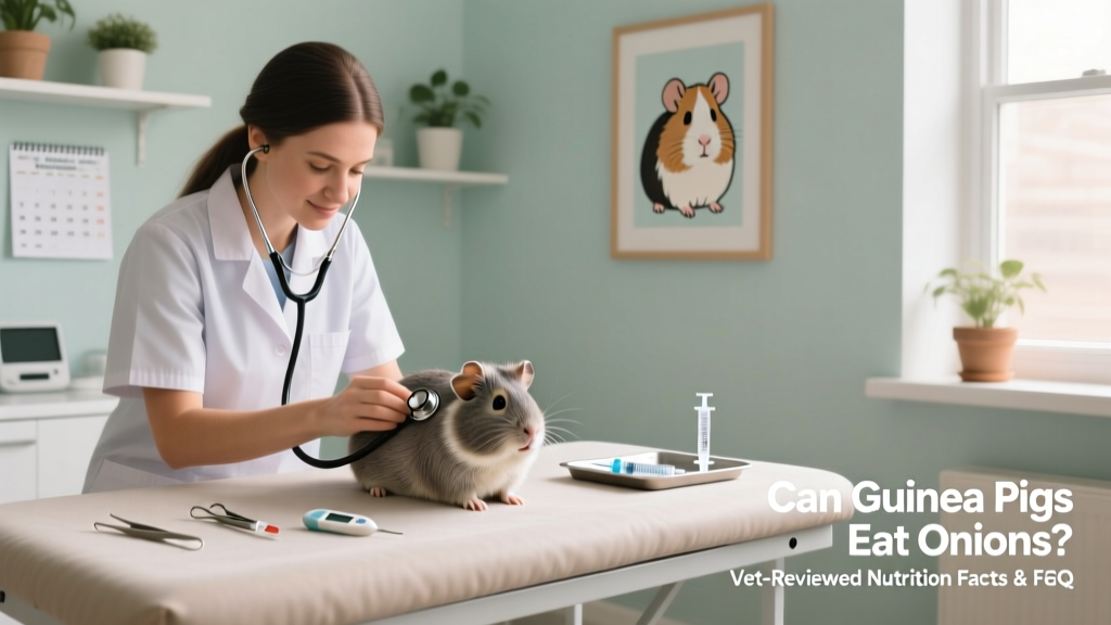 Veterinarian gently examining a guinea pig in a clinic setting, with medical tools and a calm background