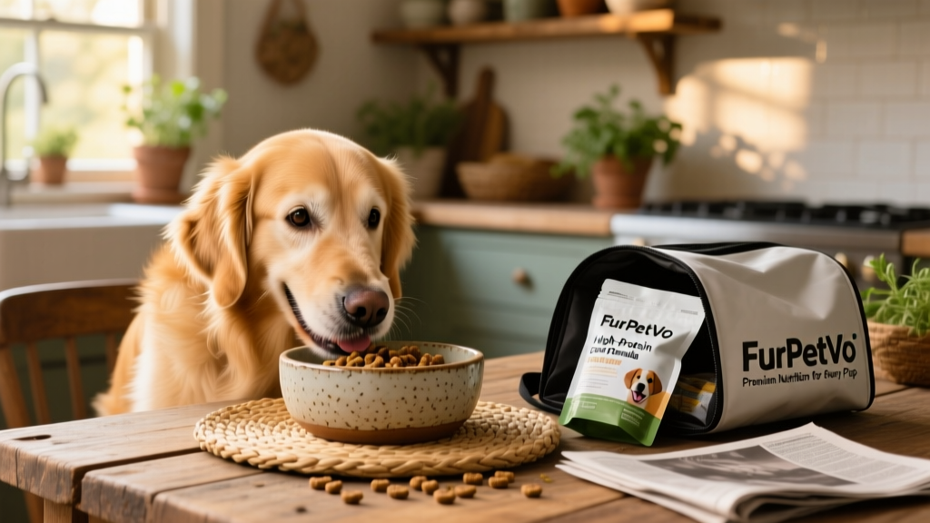 Happy dog enjoying a meal from a ceramic bowl, with FurPetVo bag visible beside it