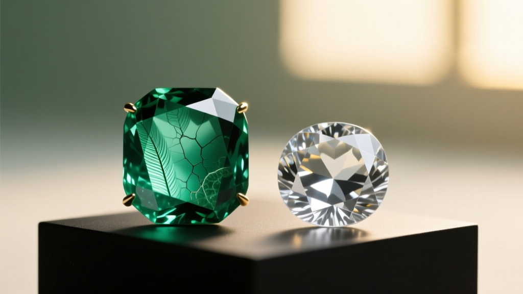 Macro photography comparing a natural included emerald next to a flawless lab-created sapphire highlighting internal fracture lines