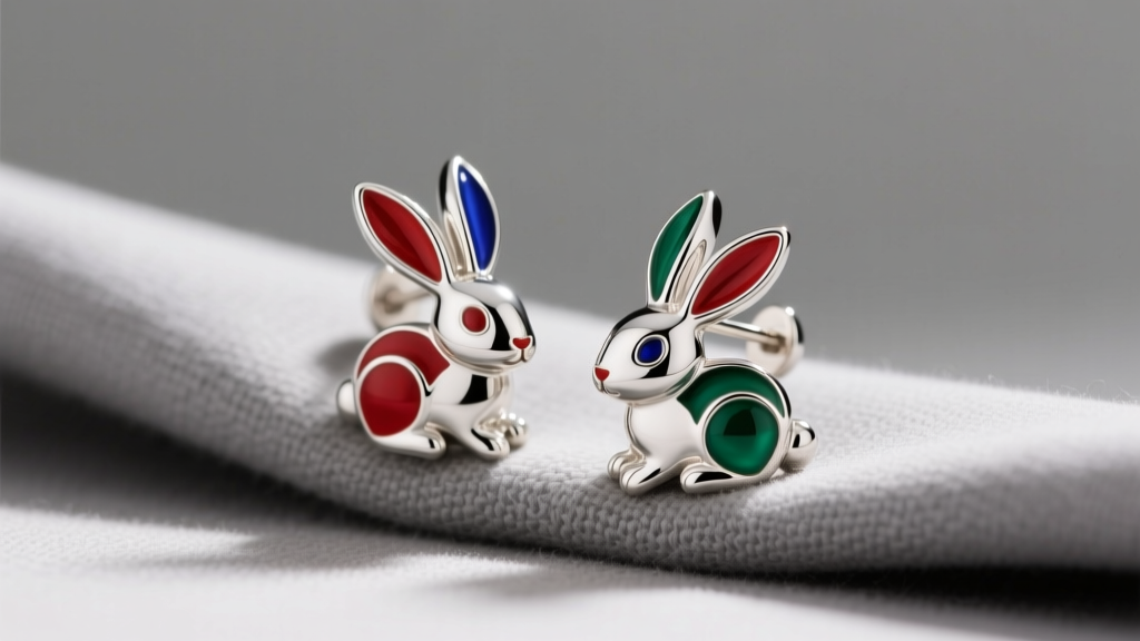 Macro shot of sterling silver bunny rabbit earrings with enamel details on a grey microfiber cloth under warm, soft studio light.
